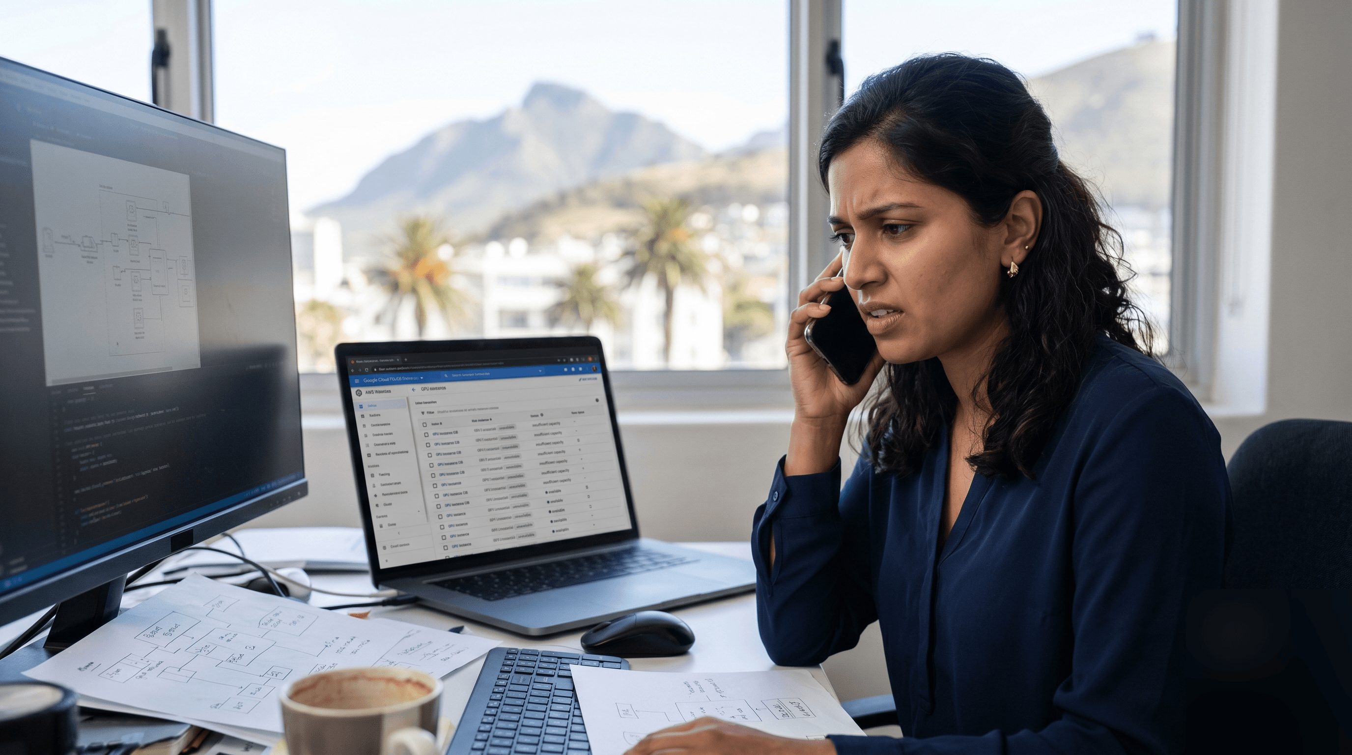 A focused platform engineer in a Sea Point office on a phone call, staring at a cloud console showing mostly greyed-out GPU instance options, Lion's Head visible through the window behind her.