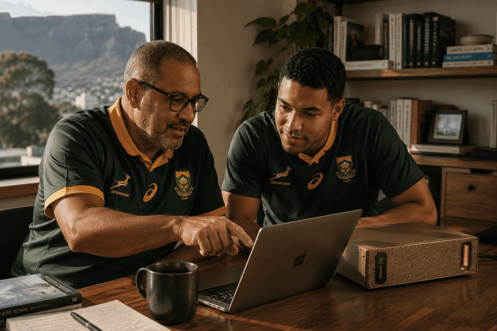 Two South African engineers working together at a home desk in Cape Town, a private AI computer beside the laptop, Table Mountain through the window.