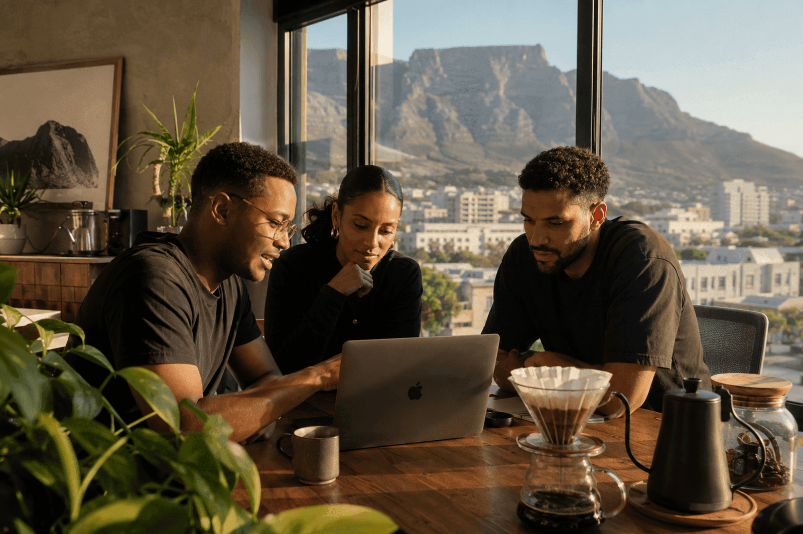 NPU Labs engineers working together over a laptop in a Cape Town office, Table Mountain through the window.