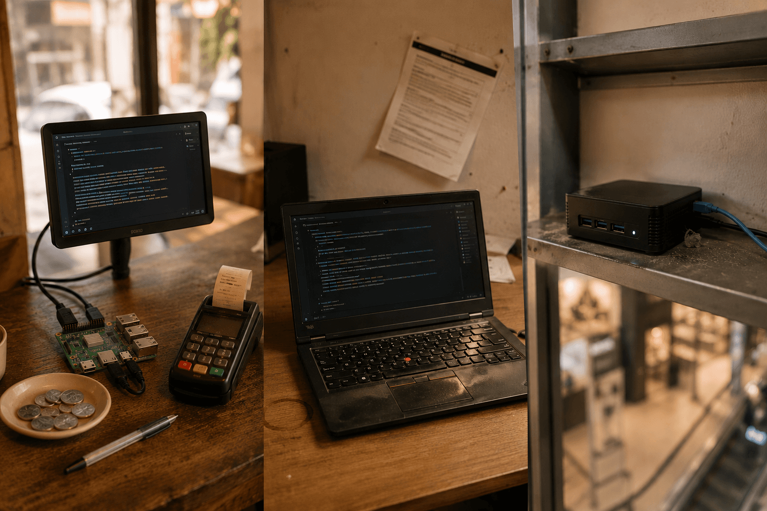 Three small edge computers on a workbench: a Raspberry Pi 5 in a matte black case, an old ThinkPad, and a mini-PC.