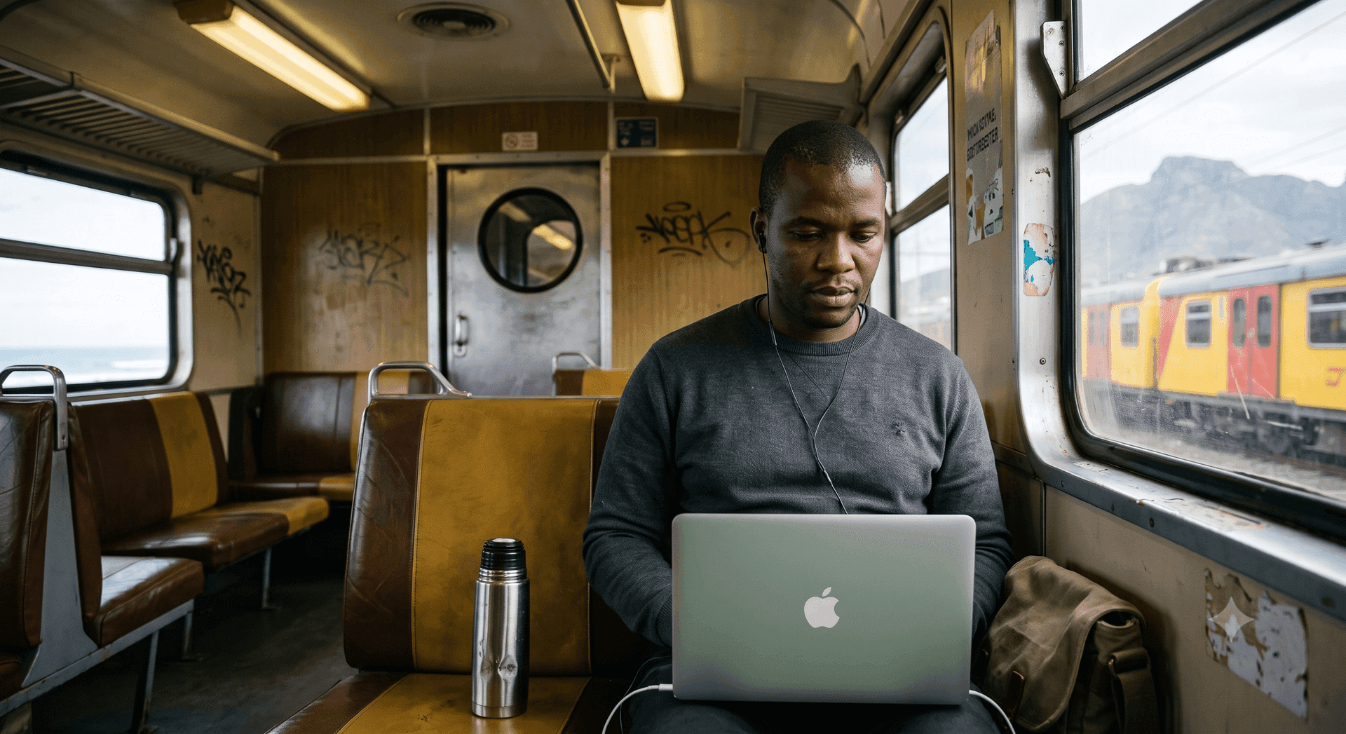 A man on a Cape Town Metrorail train working on a laptop, Table Mountain and a passing train through the window.