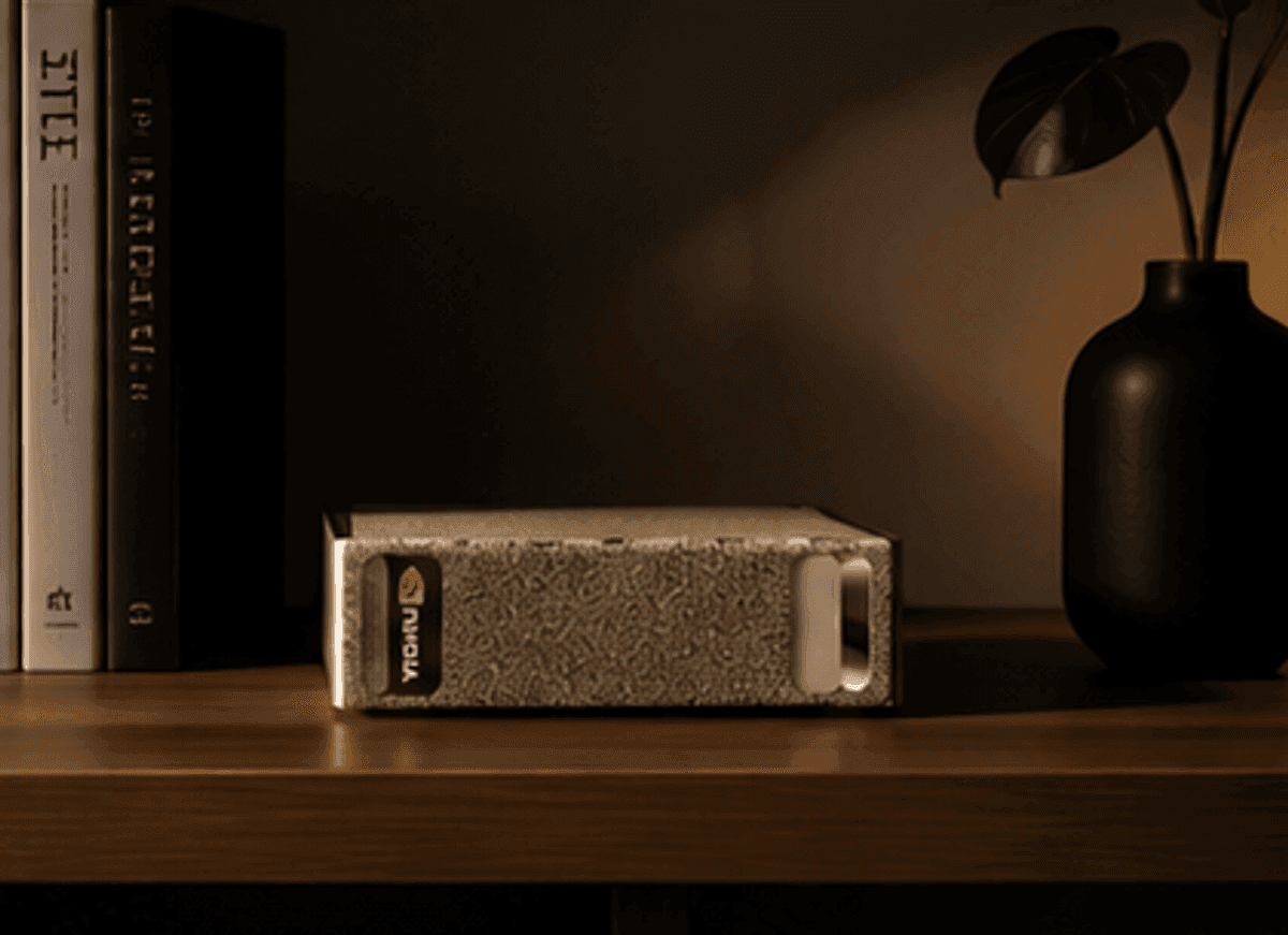 A DGX Spark on a shelf beside a stack of books and a small ceramic vase, warm light.