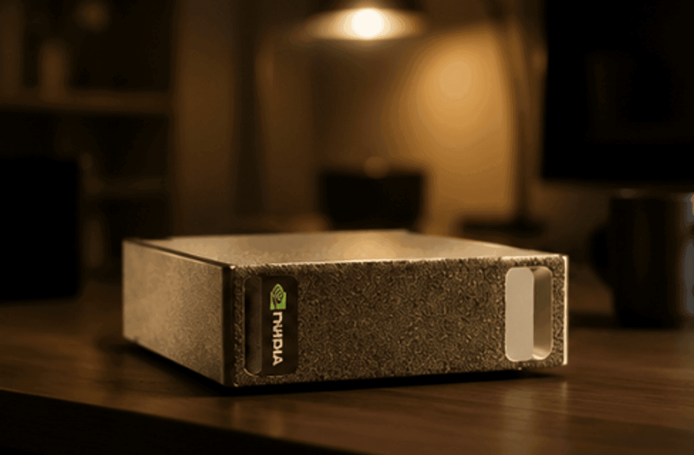 A close-up of a DGX Spark on a warm walnut desk, lamp glow behind it, late evening light.