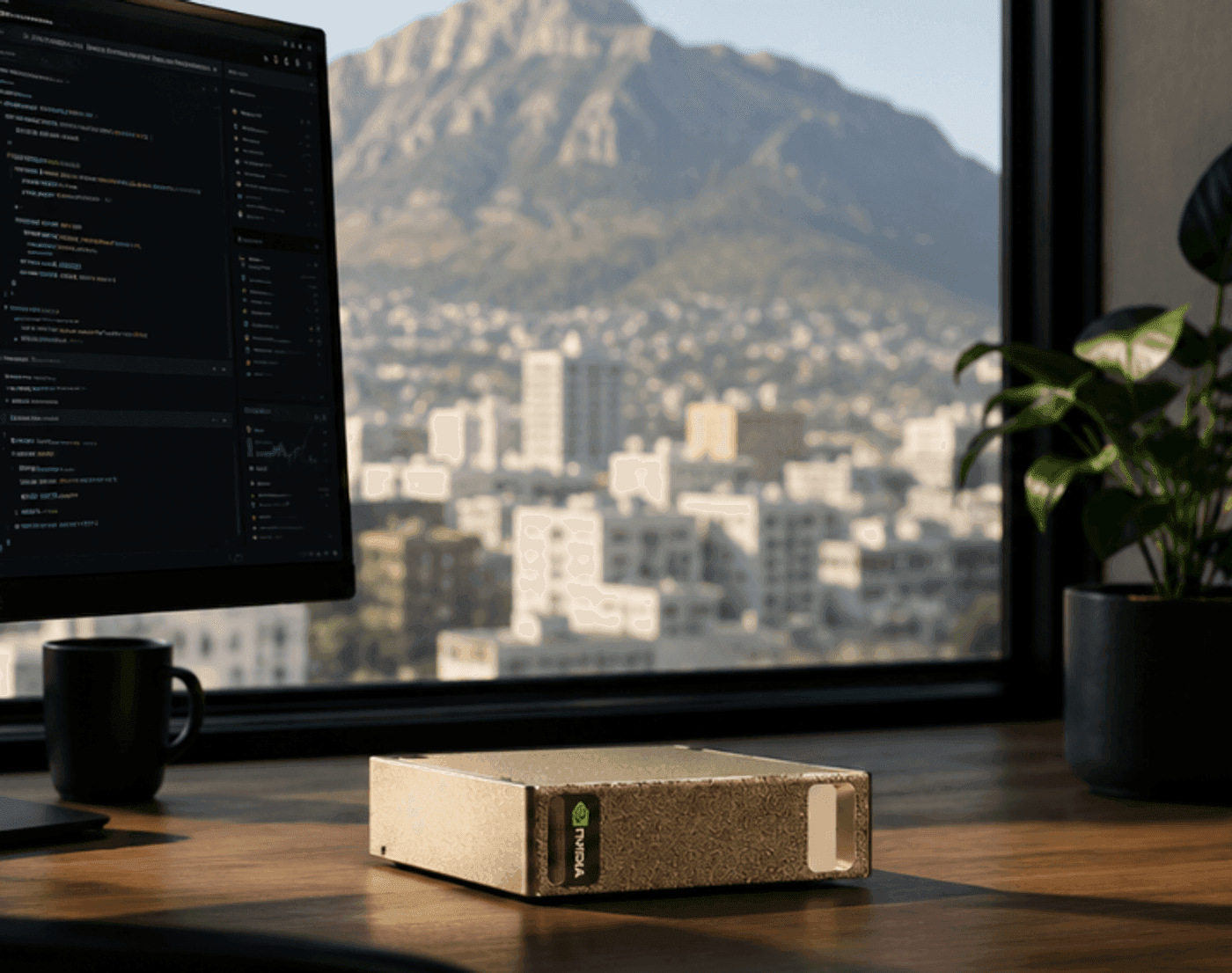 A DGX Spark on a desk beside a monitor showing code, with Table Mountain and the Cape Town cityscape through the window behind it.