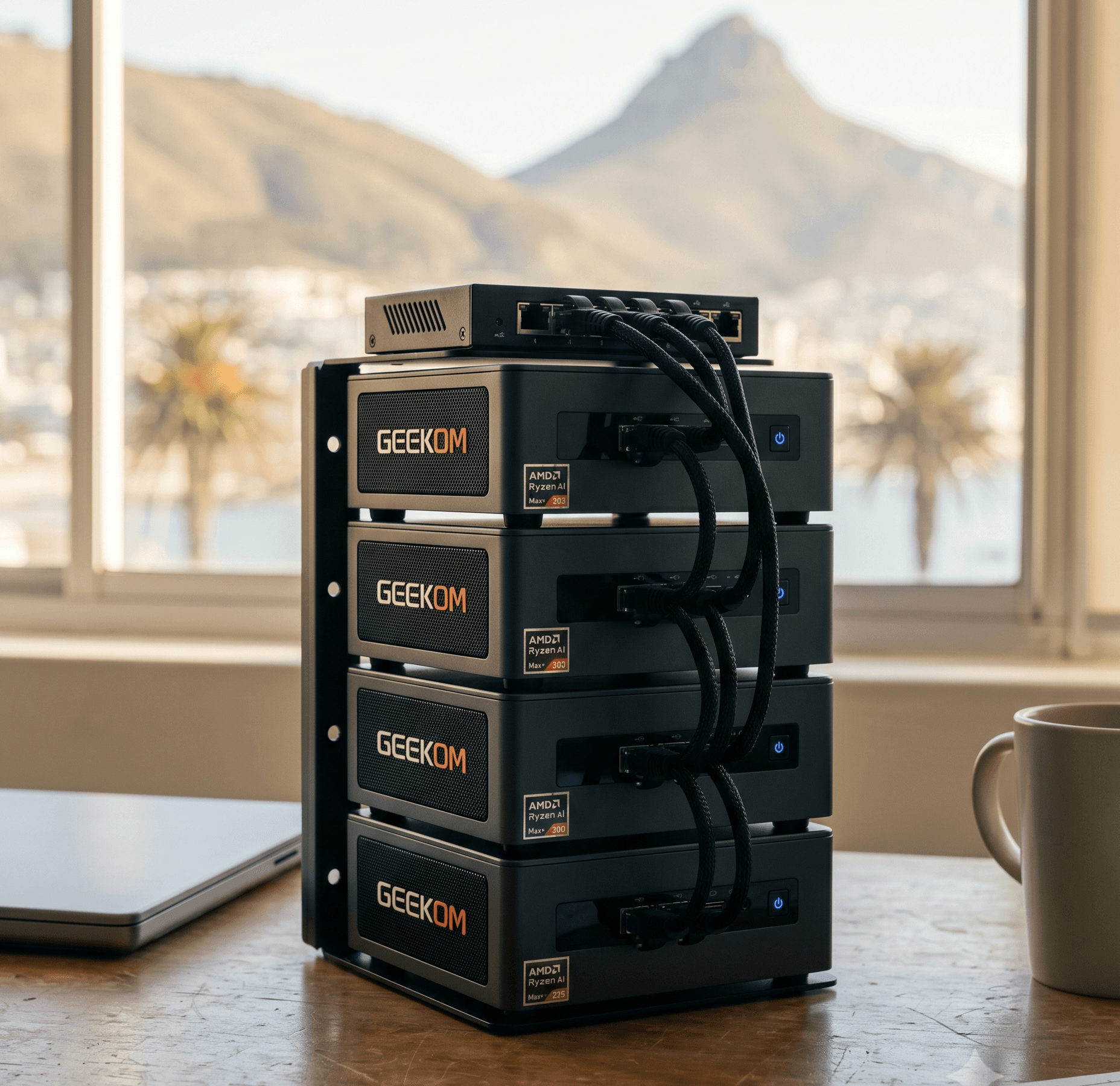 A four-node GEEKOM A9 Mega AI cluster on Priya's Sea Point desk, Lion's Head and the Atlantic visible through the window.