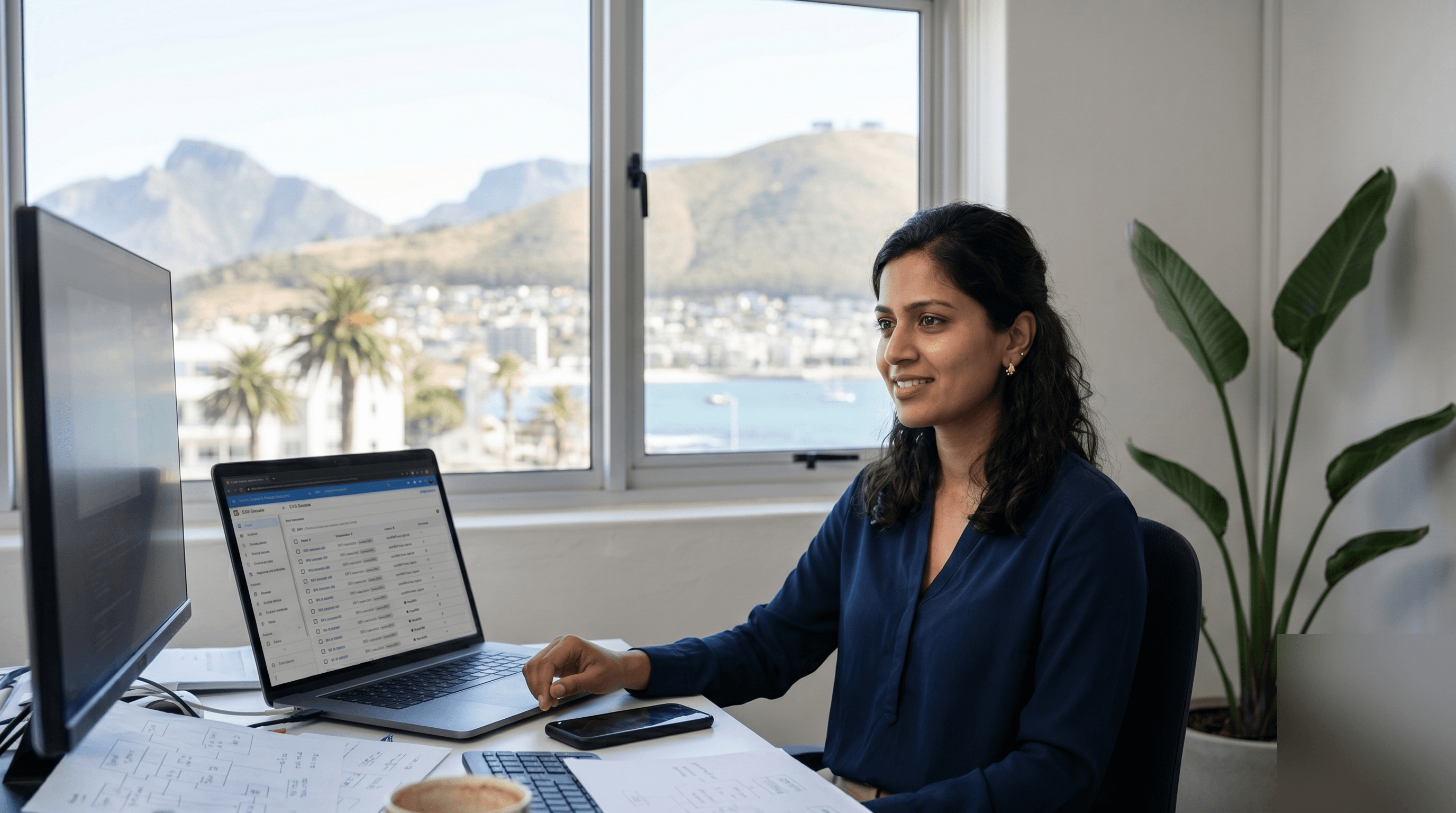Priya seated at her Sea Point desk, looking at her laptop with cloud-console listings, Lion's Head and the Atlantic visible through the window behind her.