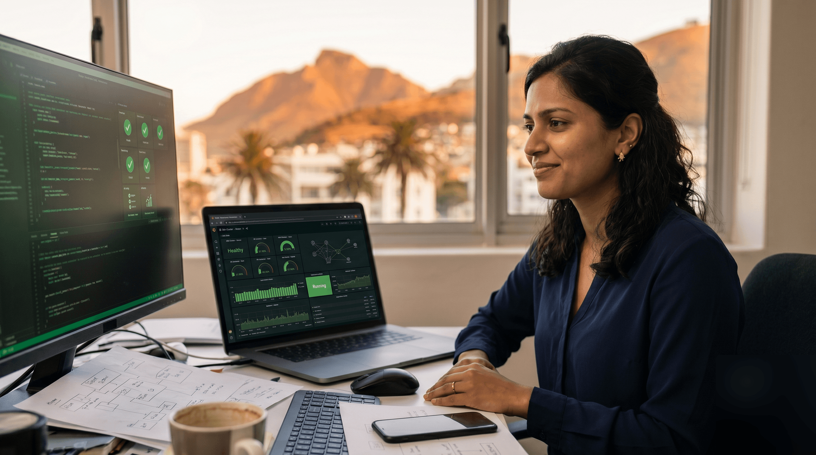 Priya back at her Sea Point desk, monitors showing healthy green status dashboards, late-afternoon golden light through the window.