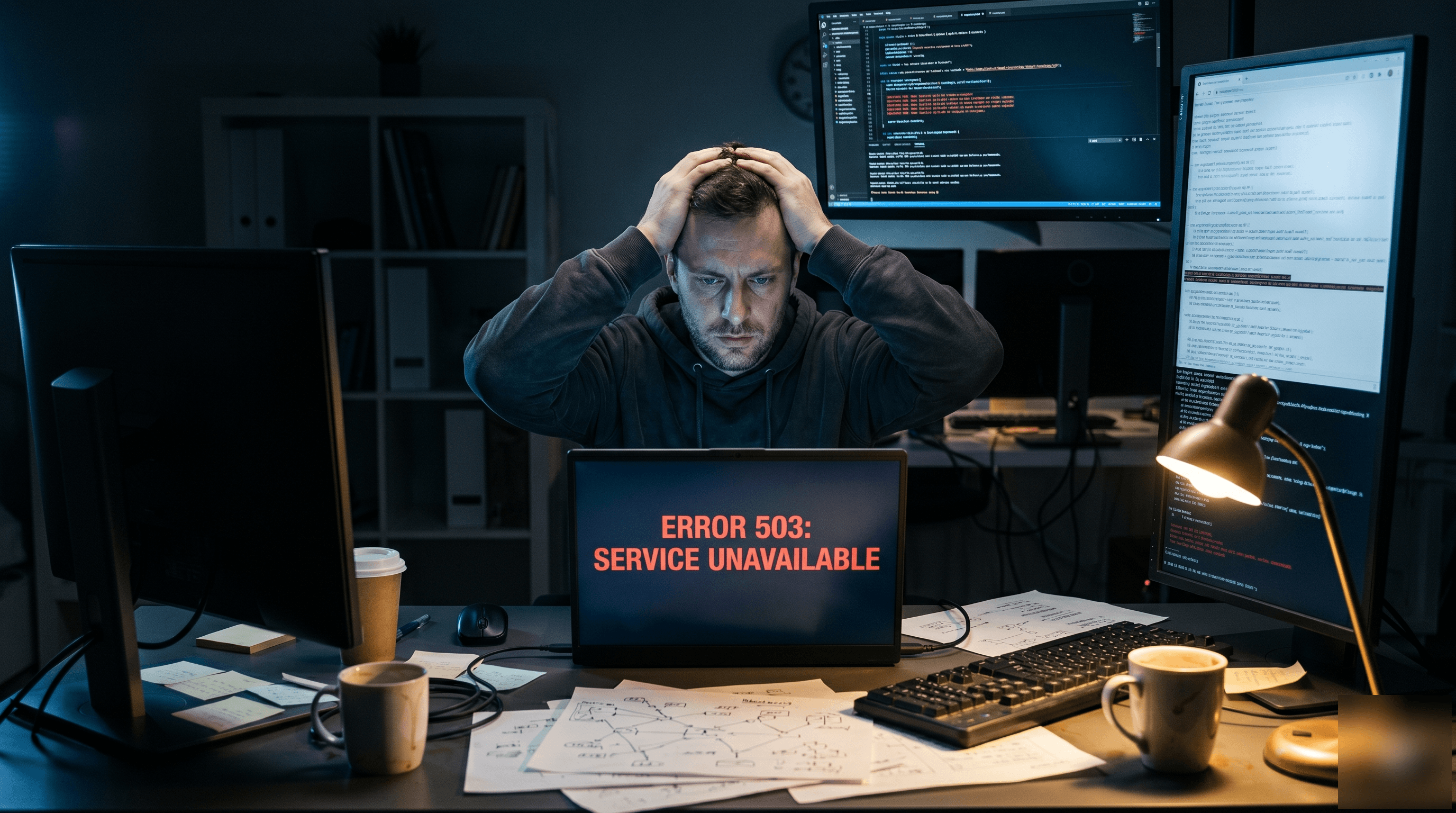 An exhausted AI engineer at his desk staring at a laptop displaying a service-unavailable error, multiple monitors dim around him.