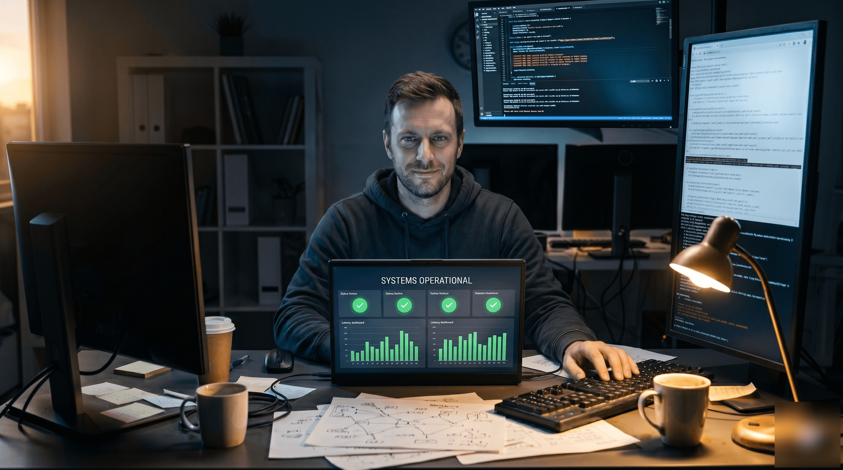 Marcus relaxed at his desk, monitors showing healthy green status dashboards, his stack running on hardware he owns.