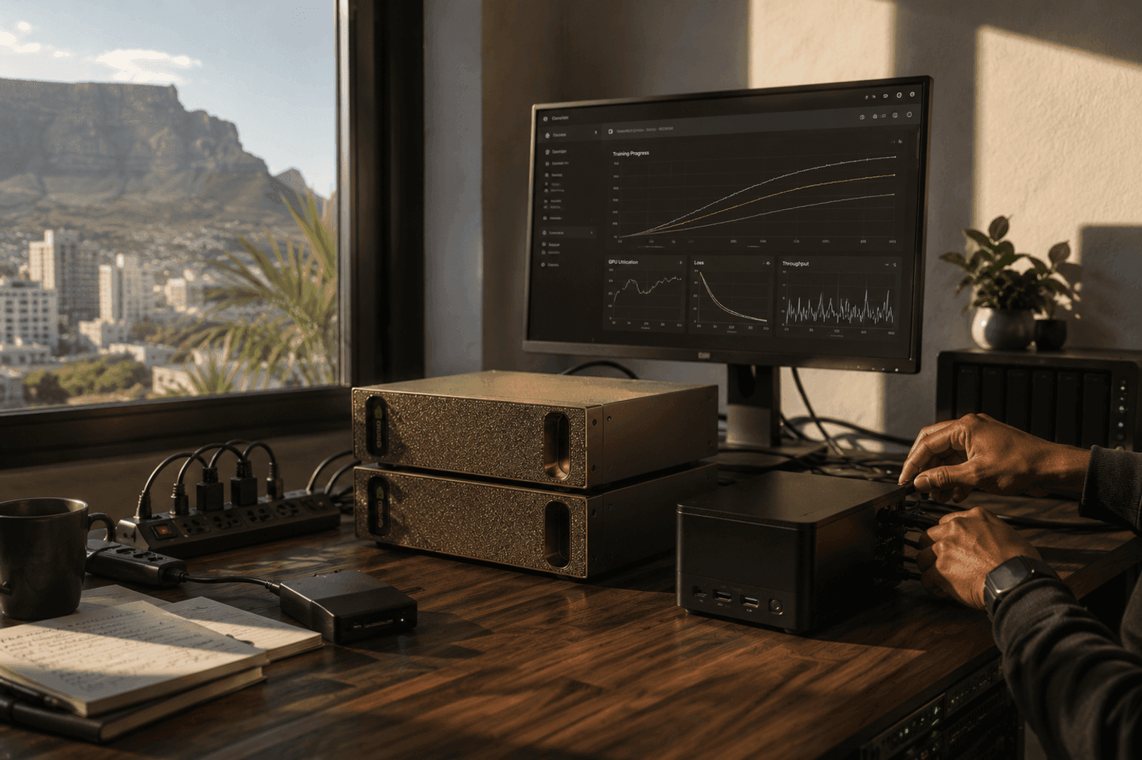 DGX Spark units and a mini-PC on a desk running a live training dashboard, Table Mountain through the window in a Cape Town home lab.