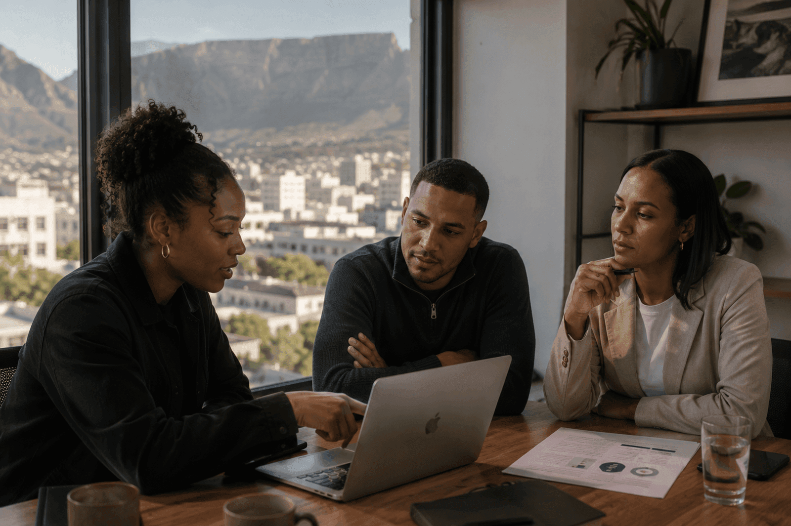 Colleagues reviewing an AI decision together in a Cape Town office